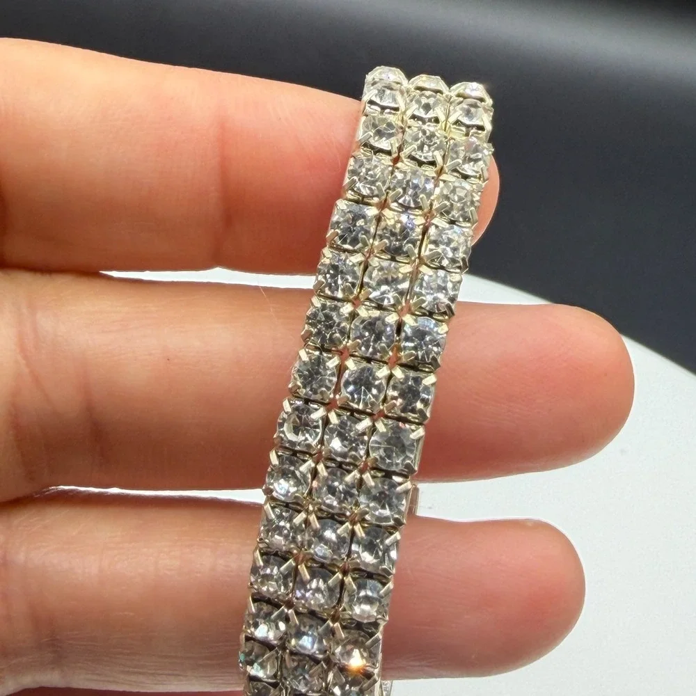 3 Row Clear Rhinestone Stretch Bracelet Silver Tone Sparkle Statement Jewelry